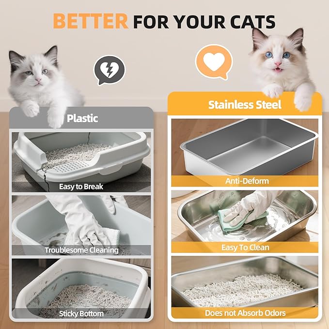 WoofiGo Enclosed Stainless Steel Cat Litter Box with Lid, XL Extra Large Litter Box for Big Cats, Metal Litter Pan High Sided, Never Absorbs Odors, Anti-Urine Leakage, Include Scoop (65-Darkgray)