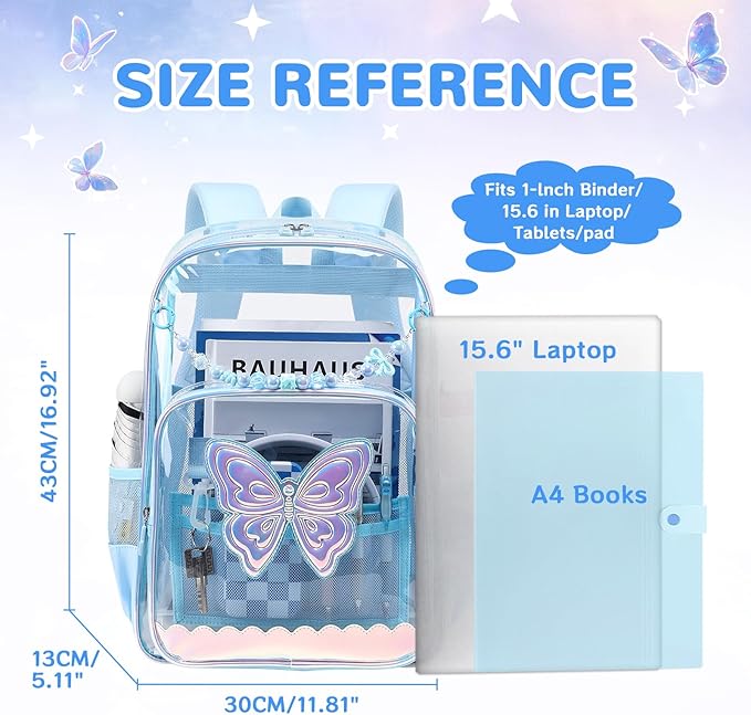 MUSEVOS Clear Backpack, Clear Bookbag for School PVC Heavy Duty Transparent Backpack for Girls, Blue Butterfly