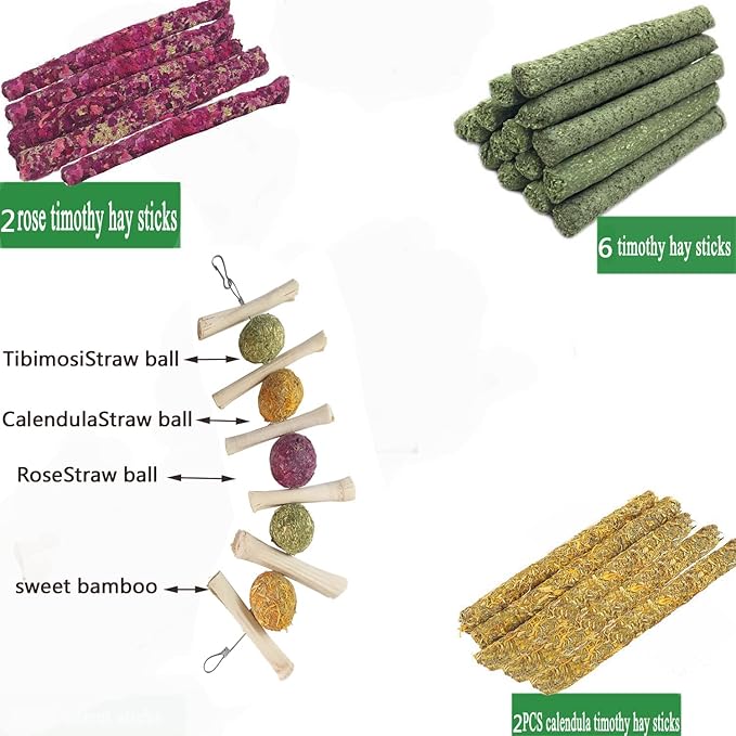 Bunny & Guinea Pig Toys - Rabbit & Hamster Accessories - Natural Timothy Biscuit Hay Sticks & Apple Wood Sticks for Teeth - Chinchilla & Rat Molar Chews