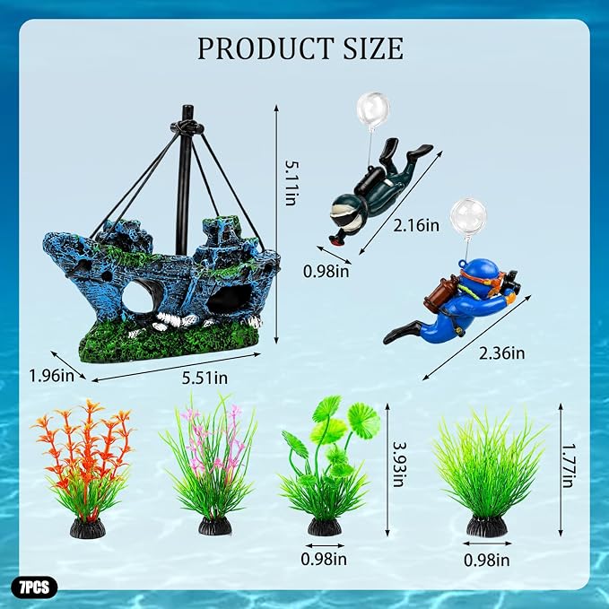 7 Pcs Aquarium Decor Set, Shipwreck Decoration Little Diver Floating Fish Tank Decoration Fish Tank Plants for Small Tank Driftwood Betta, Guppy & Shrimp