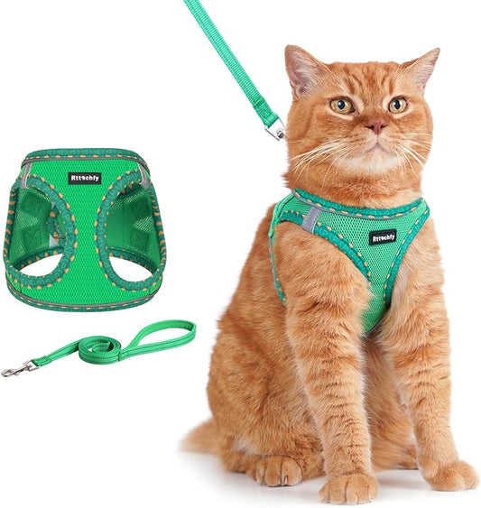 Rttochfy Cat Harness and Leash Set, Escape Proof Kitten Harness, Soft and Breathable Vest with Reflective Strip, Easy to Wear for Cats Walking and Traveling (Green, XS)