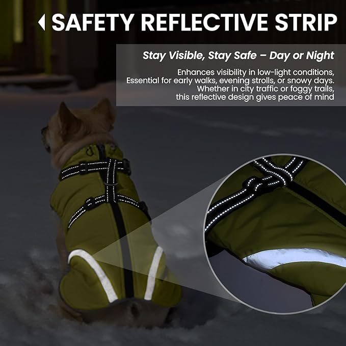 QBLEEV Large Dog Coat, Big Dog Winter Jacket for Large Dogs, XXX-Large Waterproof Cold Weather Snow Vest with Zip & Reflective, Windproof Built-in Harness Warm Fleece Snowsuit Clothes, Green, XXXL