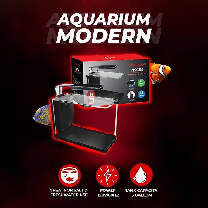 Aquatop Pisces Bullet Shaped Glass Aquarium, 5-Gal Nano Tank – 53 GPH – Touch Sensitive LED Light – All-in-One Kit for Fresh & Saltwater Fish