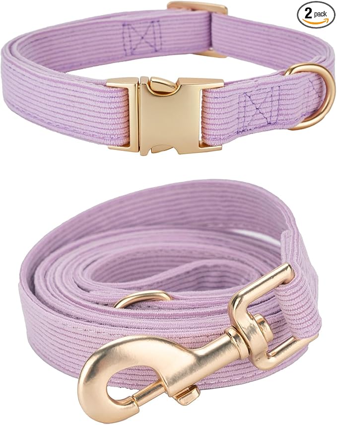 Soft Corduroy Dog Collar and Leash Set Adjustable Durable Dog Collars with Metal Buckle and Lead for Small Dogs,Lilac