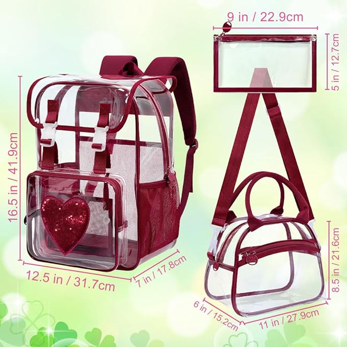 17" Sequin Clear Backpack for Girls - 3Pcs School Flip Design Stadium Approved Set, Gym/Concert Transparent Bookbag (Red)