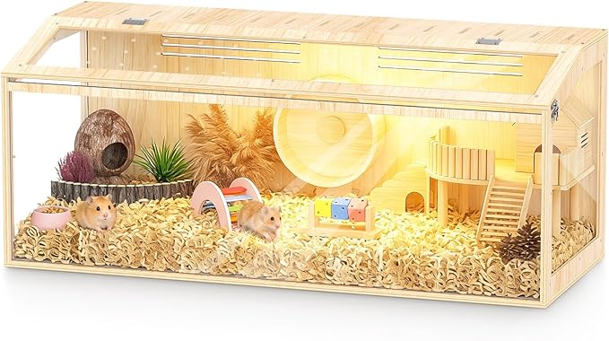 XiaZ Hamster Cage Chewproof,48 Inch Large Hamster Tank with Panoramic View and Ventilated Top,Durable Plywood Solid Wood Frame,Spacious Acrylic Glass Habitat for Syrian Dwarf Hamsters and Degus