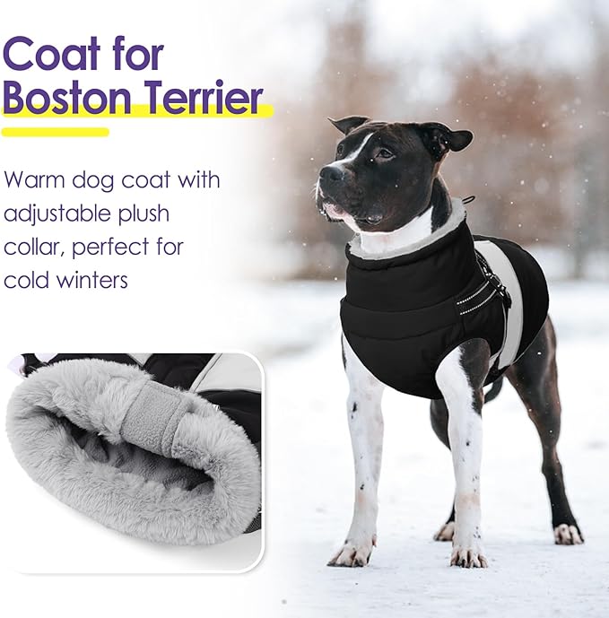 Small Dog Coat with Harness Built in, Warm Dog Jacket Winter with Zipper On Back, Waterproof Pet Snow Jacket Snowsuit Pet Sweater Clothes for Puppy, Black XS