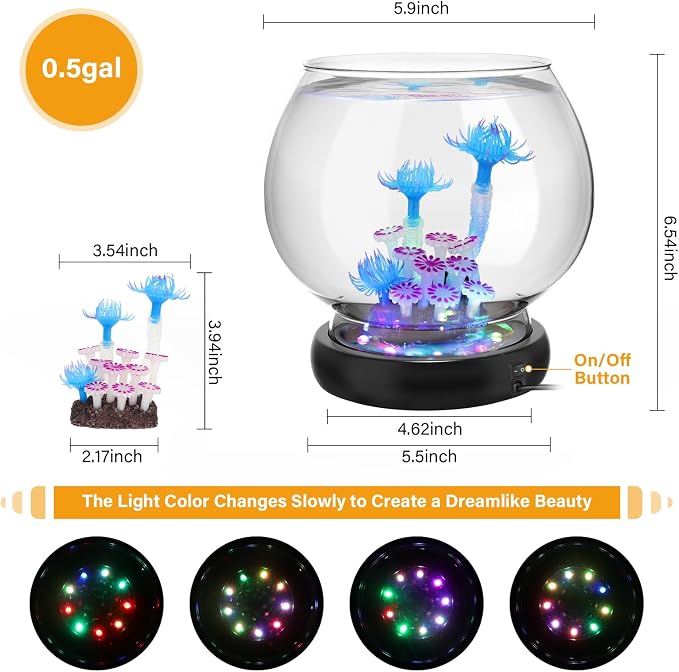 hygger 0.5 Gallon/1 Gallon Glass Fish Bowl with LED Light and Decor, Small Round Betta Fish Tank Goldfish Bowl, Round Clear Unbreakable Aquarium/Vase/Hydroponic Plant Terrarium, Nice Centerpieces