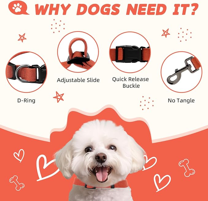 Orange Dog Collar and Leash Set for Small Dogs Soft and Breathable of 90% Rayon from Bamboo and 10% Polyester Comfortable Skin-Friendly, Adjustable Leash Set with Quick Release Buckle