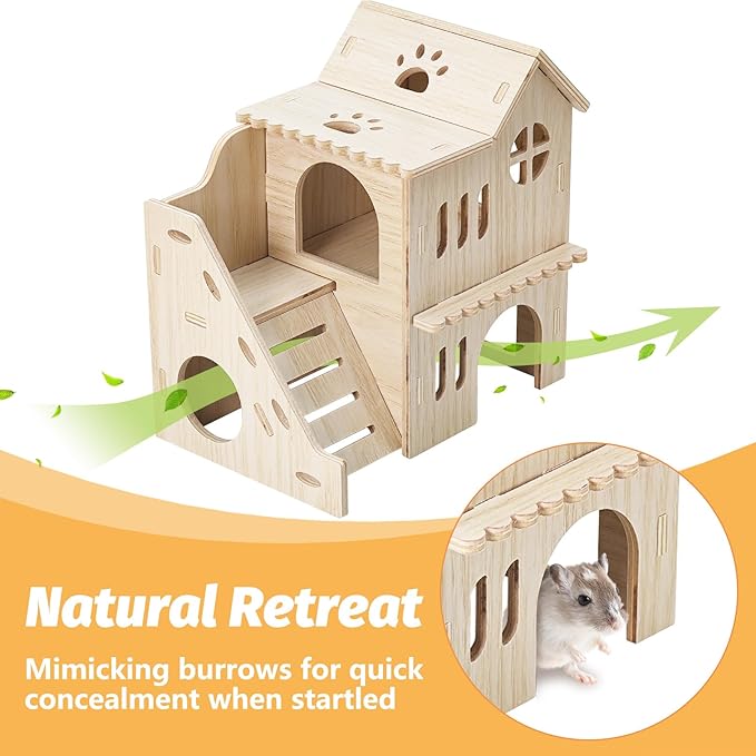 BNOSDM Double Hamster Hideout House, Wooden Hamster Toy with Balcony & Seesaw, Small Animals Hides for Syrian Dwarf Hamsters, Gerbils