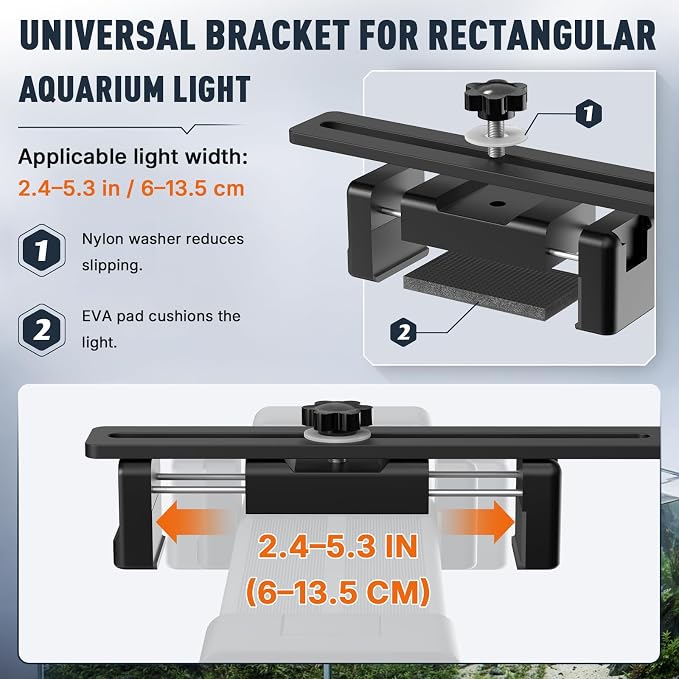 Salcod Aquarium Light Bracket for Rimless Tanks, Fits 2.4"-5.3" Lights | Fits 0.18"-1.2" Tank Edges, Adjustable Height & Depth, Aluminum Riser for Rectangular LED Lights, Planted & Saltwater Tanks