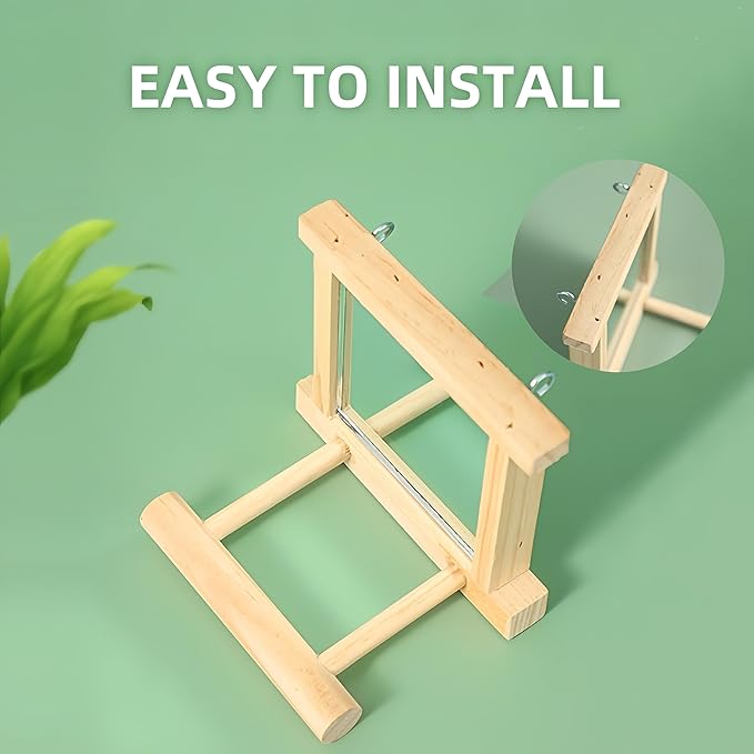 Natural Wood Bird Stand with Mirror, Perch and Swing Toy for Parakeets, Hummingbird, Lovebirds and Cockatoos (1 Pack)
