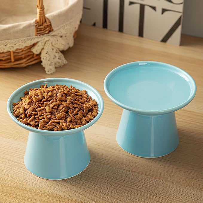 6.2 Inch Extra Wide Elevated Ceramic Cat Bowls, Food and Water Bowl Set for Elder Big Cats Small Dogs, Raised Design for Pet Easy Eating, Protect Cat's Spine Set of 1(Blue-1pc