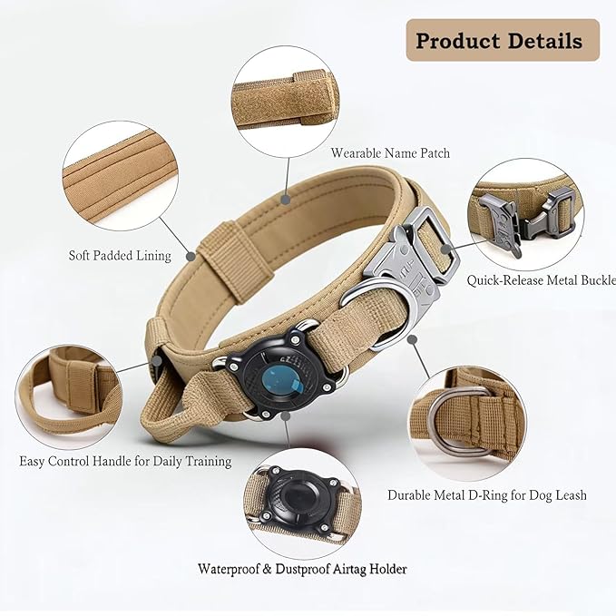 Upgraded AirTag Dog Collar,Waterproof Tactical Dog Collar with AirTag Holder, Control Handle and Metal Buckle,Heavy Duty Dog Collars for Large Dogs (Brown，XXL