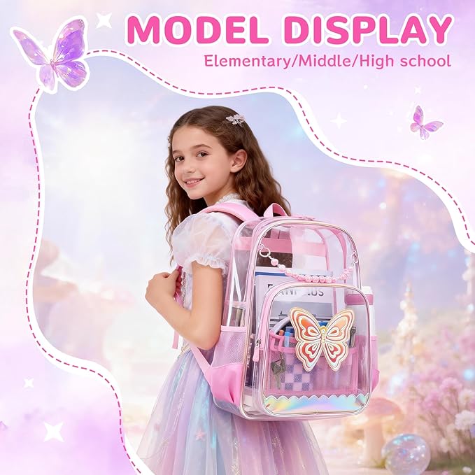 MUSEVOS Clear Backpack, Clear Bookbag for School PVC Heavy Duty Transparent Backpack for Girls, Pink Butterfly