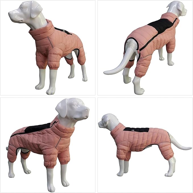 Warm Dog Coat, 4 Legs Covered Waterproof Windproof Reflective Vest, Zippered Adjustable Outdoor Snow Jacket for Small Medium Large Dogs, Lotus Pink M