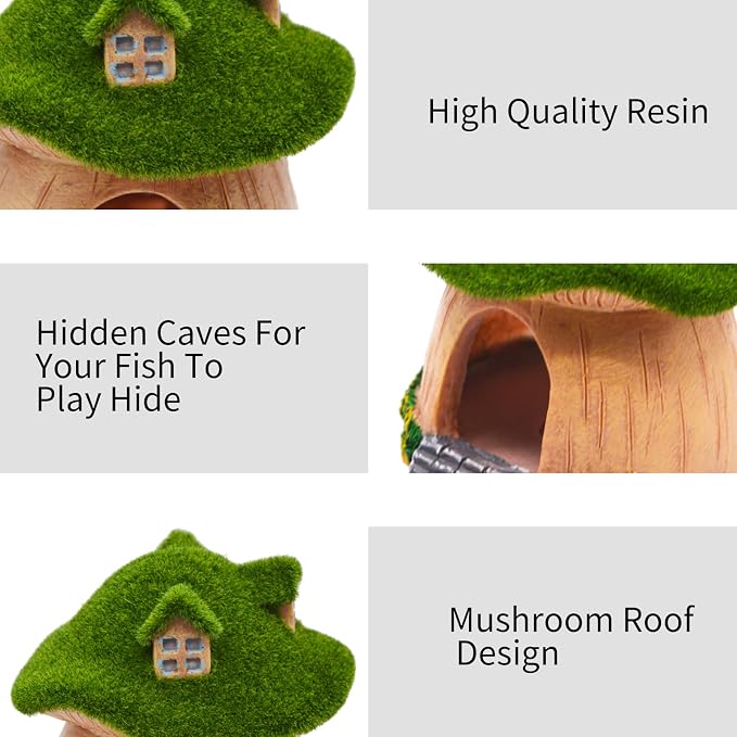 AnRui Green Moss Mushroom Aquarium Decor Cute Fish Tank Decorationss Resin Aquarium Decor Hideout Cave Ornament for Small Fish, Shrimp, Hermit Crab, Goldfish and Reptiles