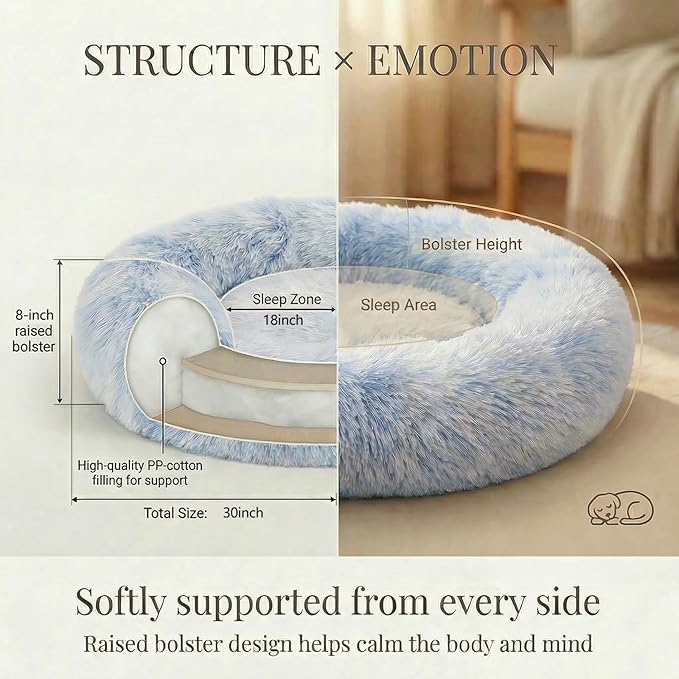 Calming Dog Bed for Medium Dogs Washable Donut 30 inches Anti-Slip Pet Bed,Round Fluffy Plush Faux Fur Cat Bed,Fits up to 45 lbs Pets,Gradient Blue