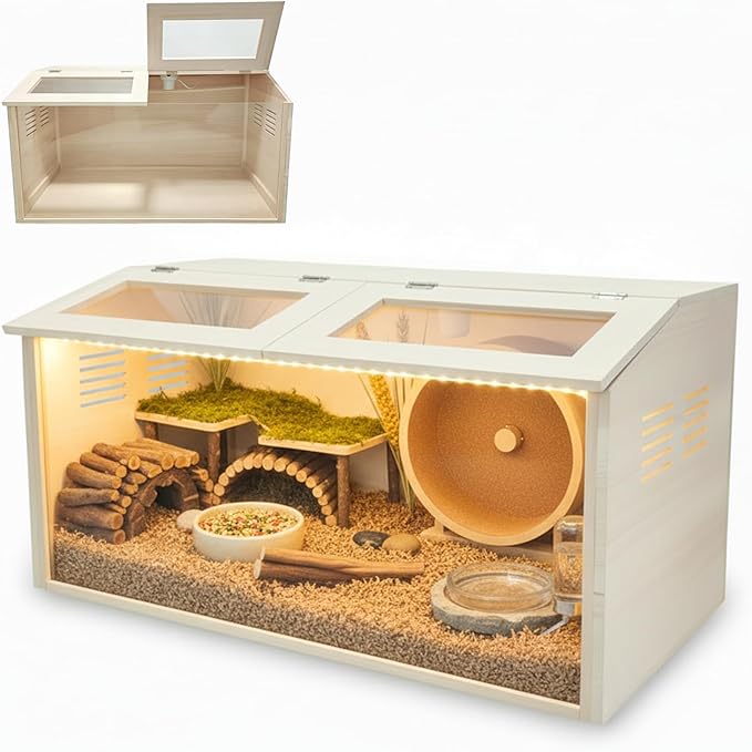 Wooden Hamster Cage Chewproof, Large Hamster Cages and Habitats, Small Animal Habitat with with Double Openable Acrylic Sheet Doors for Gerbil, Degus Mice, Guinea Pig, Rat& Other Small Pets（31.5in）