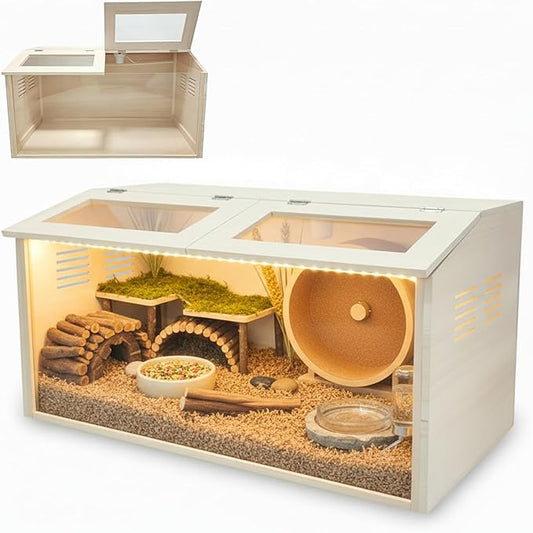 Wooden Hamster Cage Chewproof, Large Hamster Cages and Habitats, Small Animal Habitat with with Double Openable Acrylic Sheet Doors for Gerbil, Degus Mice, Guinea Pig, Rat& Other Small Pets（31.5in）
