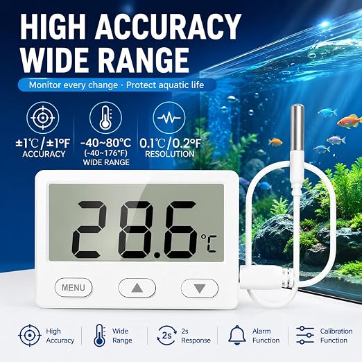 Fish Tank Aquarium Thermometer with Probe, 2.65" Large LCD and Alarm | 4.9 ft Probe, 2-sec Refresh, ±1°F Accuracy, -40℉ to 176℉, High Low Alert, Calibration, °F/°C Switch for Betta Turtle Tank