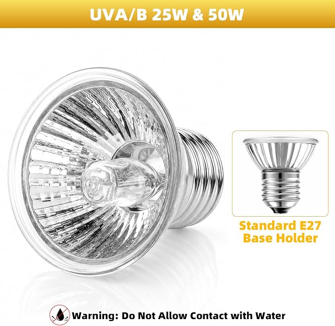 Reptile Heat Lamp with Timer & Hygrothermograph, Double-Head UVA UVB Light | Simulated Sunlight Basking Spot Lamp for Turtle, Lizard, Snake, Beared Dragon, Amphibians, 2 Bulbs 25W+50W