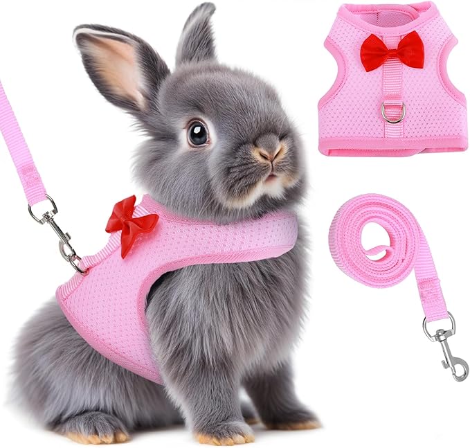 Bunny Harness and Leash Set, Soft Breathable Mesh Rabbit Leash Vest with Safety Buckles, Lightweight Escape-Proof Walking Gear for Rabbits, Kittens, Ferrets, Guinea Pigs, Pink M