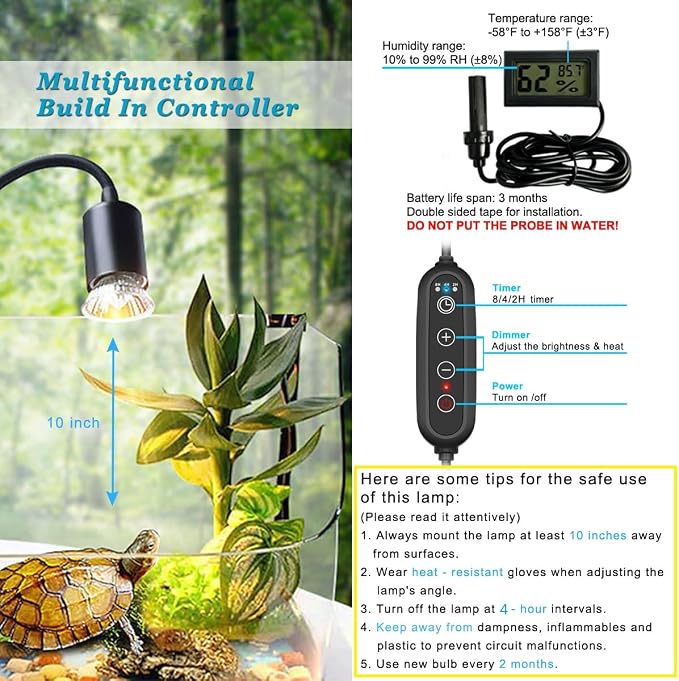 Dimmable Reptile Heat Lamp with Timer + 75W UVA UVB Light Bulb, Basking Spot Light Simulated Sunlight, Heating Lamp for Turtle, Lizard, Snake, Beared Dragon, Amphibians