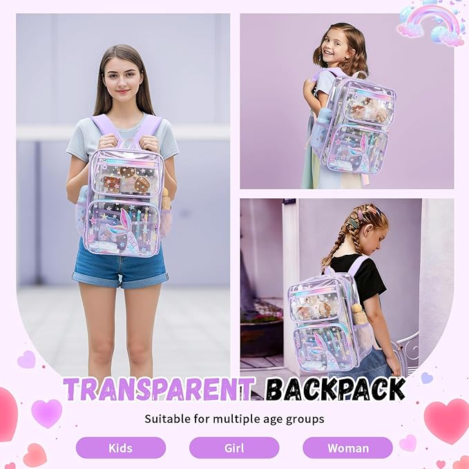 MOONBABY Clear Backpack for School Girls, Heavy Duty TPU Transparent Backpack Stadium Events Approved, Clear Bookbag