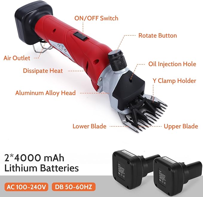 DUCKBOY Professional Cordless Sheep Shears - 250W 18V Electric Rechargeable, Heavy-Duty Livestock Haircut Groomer for Sheep, Horses, Alpacas & Large Dogs (Red)