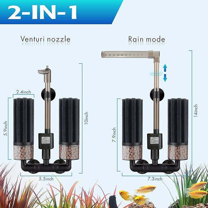 Electric Sponge Filter for Aquarium, Ultra Quiet Submersible Power Filter with Bio Media, Gentle Filtration for Shrimp, Betta,Nano and Fry Tanks