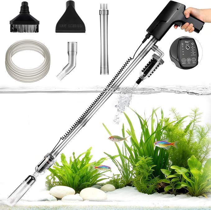 hygger Battery Powered Aquarium Vacuum Gravel Cleaner, 6 in 1 Automatic Fish Tank Vacuum Handle Control, Powerful Gravel Vacuum for Aquarium, Water Changer Sand Washer Water Filter Adjustable Length