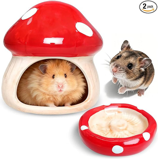 BNOSDM Ceramic Hamster Hideout and Food Bowl Set Cute Mushroom Shape Hamster House and Habitat Cool Hamsters Hide Suitable for Syrian, Mice, Dwarf Hamsters, Gerbils (Red)