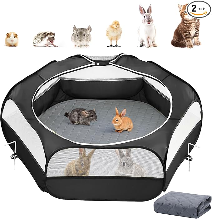 2-in-1 Small Animals Playpen with Pad, Waterproof Small Pet Cage Tent with Reusable Pad, Portable Outdoor Yard Fence with 3 Metal Rod for Chick/Kitten/Puppy/Guinea Pig/Rabbits/Chinchillas, Black+Gray