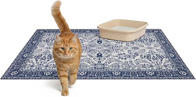 Lovewag Pets Washable Cat Litter Mat 2 PCs - Keep Litter Off Your Floors, Gentle on Paws, 36x48 Inches Large Size, Waterproof Non-Slip Reusable Compatible with Cat Box (Indigo Garden)
