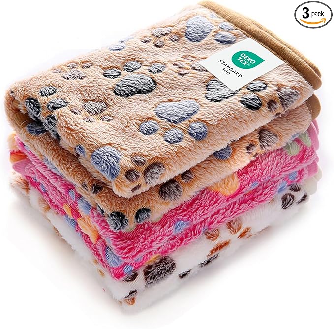 Luciphia 1 Pack 3 Blankets Super Soft Fluffy Premium Fleece Pet Blanket Flannel Throw for Dog Puppy Cat Paw Brown/Pink/White Large(41x31 inch)