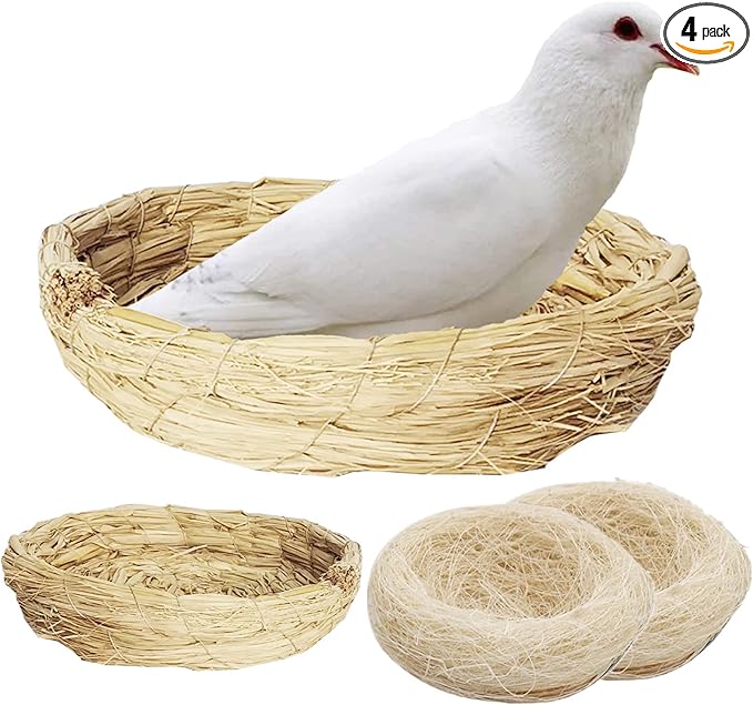 Fhiny Handmade Woven Bird Spawning Nest with Coconut Fiber Liner Flat Base Straw Bird Nest Bed Hatch Roosting for Dove Pigeon Parrot Turtle Quail Macaw Cuckoo Sparrow