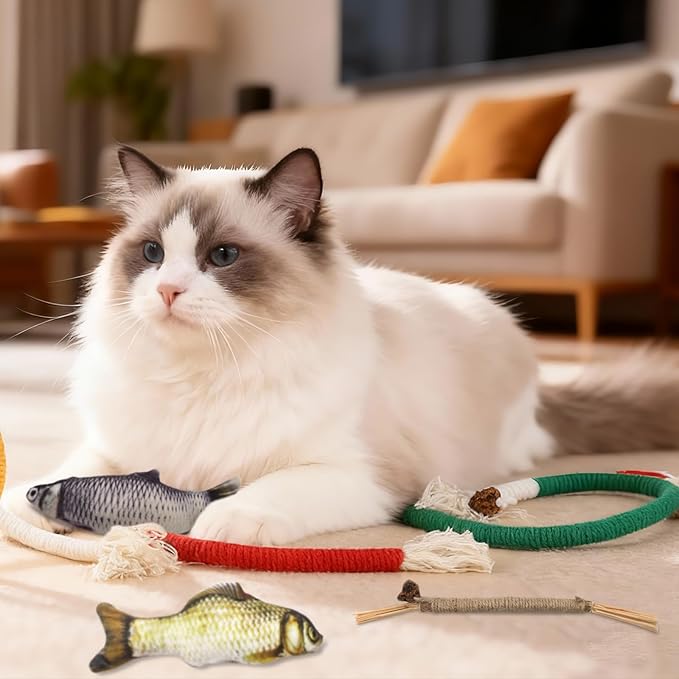 Goosheep Cat Toys 6Pcs with Chew Rope & Silvervine Sticks & Floppy Fish for Indoor Cats, Natural Dental Care Interactive Cat Catnip Toys for Chewing, Teething, Biting and Kicking