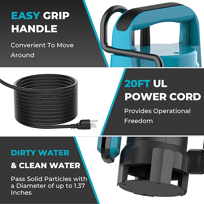 1.3HP Sump Pump 5280GPH Submersible Water Pump with Float Switch, Submersible Utility Pumps Removal for Pools, Basement Flooding, Garden Pond Low Water Level with 20ft Power Cord