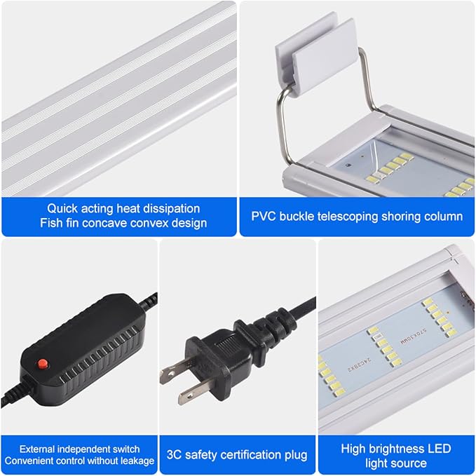 LED Aquarium Light, Full Spectrum Fish Tank Lighting, Ultra-Thin 1cm Design, 6-Row Blue & White LEDs, No Flicker, High Efficiency Cooling for 11.02-14.02in Fish Tanks (11.02inch)