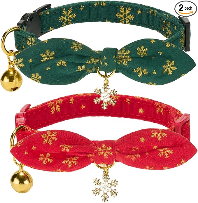 Bunny Ear Christmas Bowtie Cat Collar with Bell 2 Pack Cotton Breakaway Snowflakes Holiday Kitten Collars(Red+Green)
