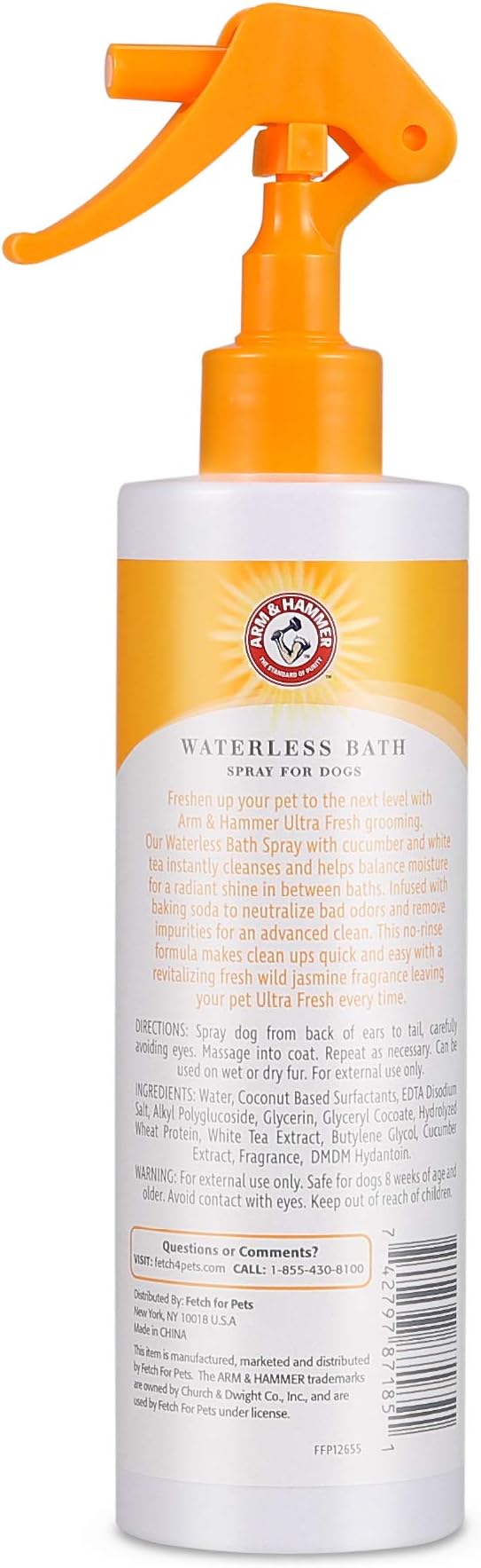 Arm & Hammer Ultra Fresh Waterless Dog Bath Spray, Baking Soda Deodorizer No-Rinse Dry Dog Shampoo for Between-Bath Odor Control and Coat Freshening, White Jasmine Scent, 10 Fl Oz