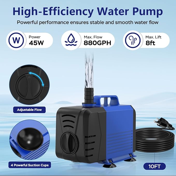 Pond Fountain Pump Kit, 880GPH Submersible Water Pump with Remote Control LED Lights, 3 Spray Patterns, Adjustable Flow, Quiet Operation, for Pond, Garden, Backyard Water Feature