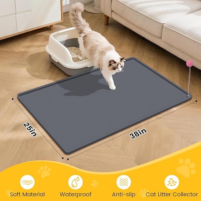 Cat Litter Mat, 38"X25" Large Litter Box Mat, Waterproof and Easy to Clean Silicone Cat Mat for Litter Box, Mat Litter Trapping Mat for Scatter Control, Keep The Floor Clean (Dark Grey)