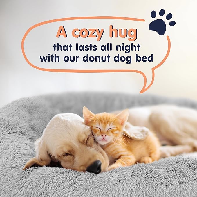 Donut Dog Bed - Premium Comfort for Anxiety Relief - Fluffy & Calming Design with Ultra-Plush Support | Cozy Round Dog Bed with Super Soft Circle Style (Grey, Large)