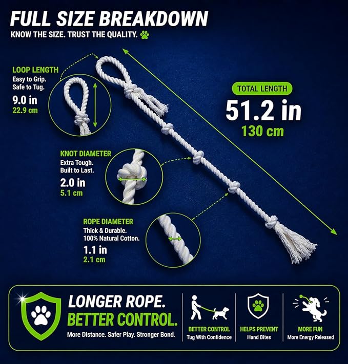 51" Extra Long Dog Rope Tug Toy with Loop Handle – 6-Knot Cotton Rope for Training, Tug-of-War & Interactive Play, Durable for Medium & Large Dogs, Indoor & Outdoor, Washable, White