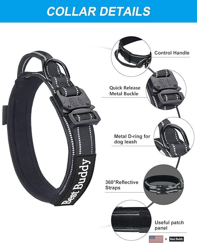 AUBELL Tactical Dog Collar and Leash Set, Reflective Adjustable Heavy Duty Military K9 Collars with Handle and Metal Buckle for Medium Dogs, with Airtag Case and 2 Patches(Black,M)