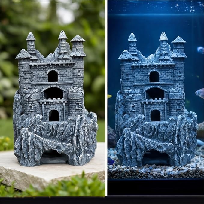 Teaeeno Age-of-Magic Wizard’s Castle Aquarium Décor-Resin for Freshwater and Saltwater Fish Tanks-Large House Ornament Kit -Cute Fish Tank Decor Aquarium Decor-Charming Castle Decor Statue(Stone)
