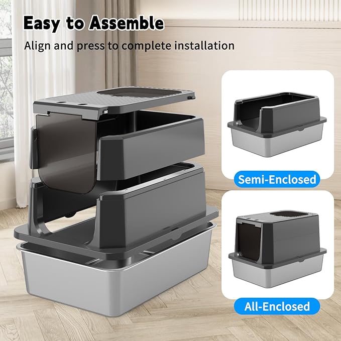 RIZZARI Enclosed Cat Litter Box: All Black Stainless Steel - Odor-Resistant & High-Sided - Teflon Non-Stick Coating for Quick Cleaning - Large Top-Exit Pan for Modern Homes Balcony