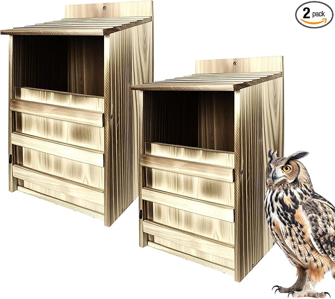 2 Pack Rectangle Owl Houses, Bird Houses for Outside, Wooden Owl Nest Box Large Opening Screech Outdoor Bird's Box, for Wildlife Screech, Barred, Great Horned, Barn Owls, Assembly Required